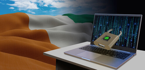 Waving national flag of the Ivory Coast. Concept for information technology and data security safety to prevent cyber attack. Internet and network security.