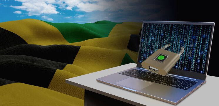 Waving national flag of the Jamaica. Concept for information technology and data security safety to prevent cyber attack. Internet and network security.
