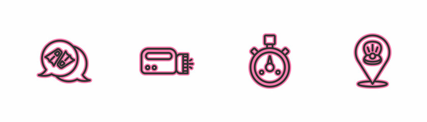 Set line Flippers for swimming, Stopwatch, Flashlight diver and Scallop sea shell icon. Vector