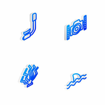 Set Isometric line Photo camera for diver, Snorkel, Coral and Shark icon. Vector