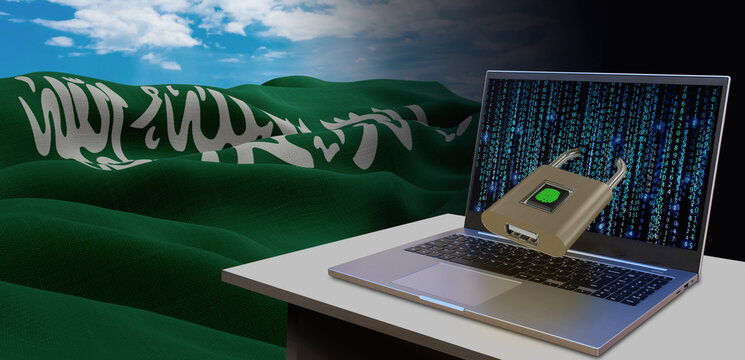 Waving national flag of the Saudi Arabia. Concept for information technology and data security safety to prevent cyber attack. Internet and network security.
