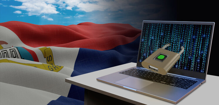 Waving national flag of the Sint Maarten. Concept for information technology and data security safety to prevent cyber attack. Internet and network security.