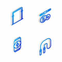 Set Isometric line Barbell, Sport horizontal bar, Energy drink and Jump rope icon. Vector