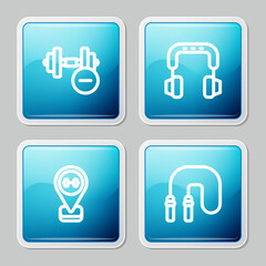 Set line Dumbbell, Headphones, Location gym and Jump rope icon. Vector