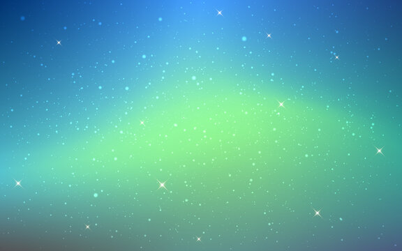 Aurora background. Space texture with northern lights. Color starry cosmos with nebula. Blue and green glow. Magic universe with stars. Beautiful cosmic wallpaper. Vector illustration