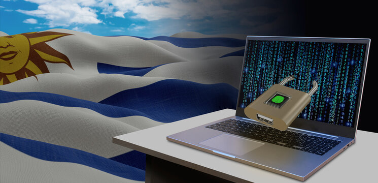 Waving national flag of the Uruguay. Concept for information technology and data security safety to prevent cyber attack. Internet and network security.
