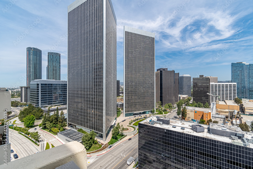 Wall mural view of an urban office complex from above