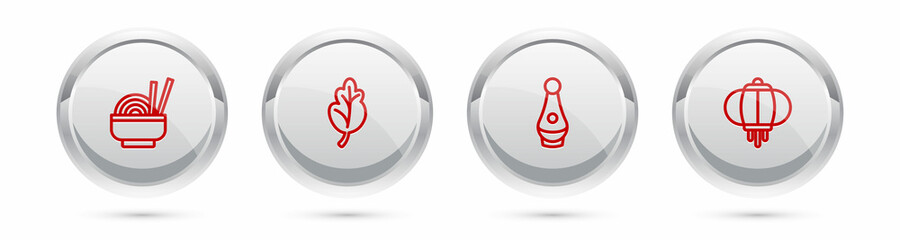 Set line Asian noodles in bowl, Kimchi, Soju bottle and Korean lantern. Silver circle button. Vector