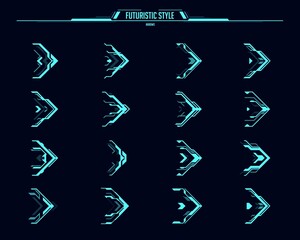 HUD arrows and futuristic navigation pointers, vector ui or gui interface. Sci fi game head up display elements, neon arrows for cursor, right movement, direction pointers and next button design