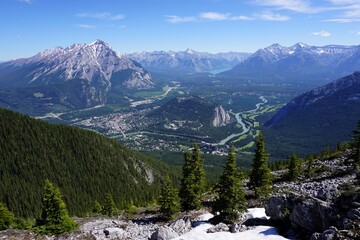 A mountainous landscape and a valley with rivers flowing through