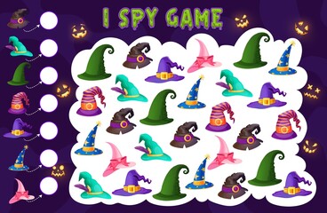 Kids spy game wizard and witch hats kids riddle. Vector maze, cartoon boardgame with Halloween magician caps. Worksheet for children educational activity with fairytale headwear and pumpkin lanterns