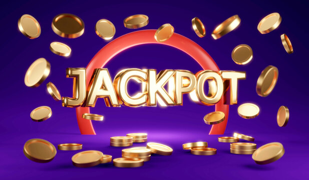 3D Rendering concept of money treasury, casino winning bonus coins background. Rain coins with text JACKPOT purple background. 3D Render. 3D illustration. Coins falling.