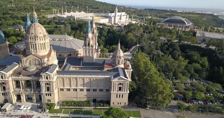 Aerial truck Palau Nacional with Palau Sant Jordi Estadi Olímpic Lluís Companys