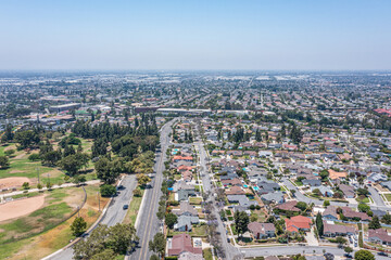 Aerial view of a southern California neighborhood next to a sports park.