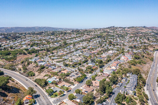 Aerial view of a southern California coastal community on a hill.