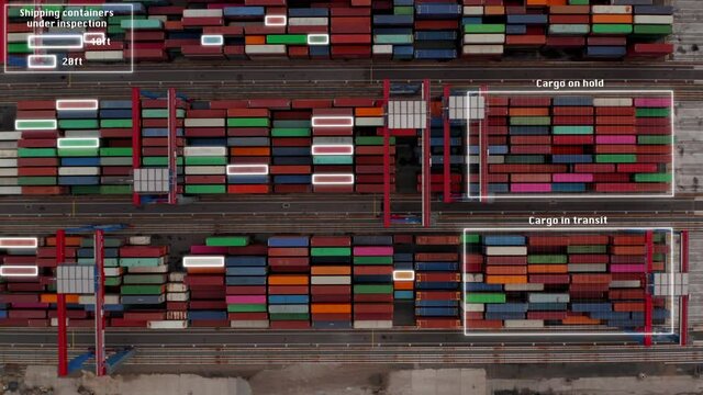 Drone Inspection of containers, at a Transshipment Station - 3d render animation