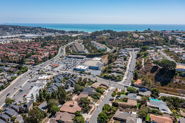 Shopping center aerial view. Southern California community near the ocean