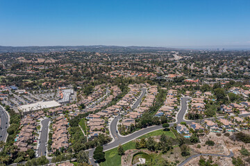 Aerial view of master planned homes in the hills of Orange County California.