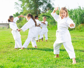 Little girl make karate exercises in summer park