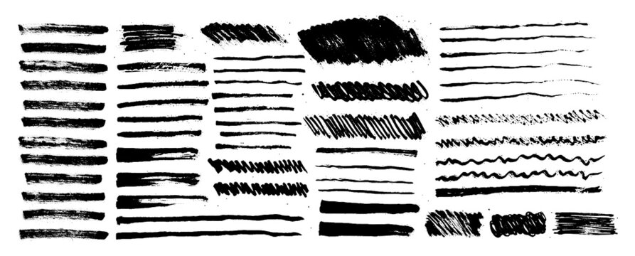 Big collection of black paint, ink brush strokes, brushes, lines, grungy. Dirty artistic design elements, boxes, frames. Vector illustration. Isolated on white.