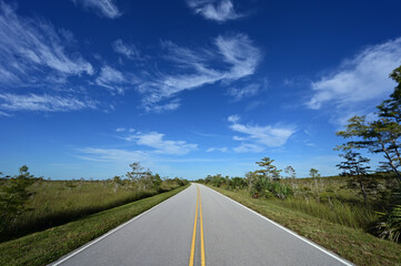 Beautiful high altitude late summer cloudscape over Main Park Road in Everglades National Park, Florida.