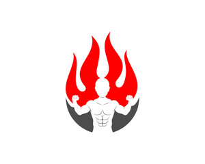 Man bodybuilder in the fire flame logo