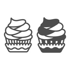 Cupcake with frosting and chocolate chips line and solid icon, pastry concept, muffin icing vector sign on white background, outline style icon for mobile concept and web design. Vector graphics.