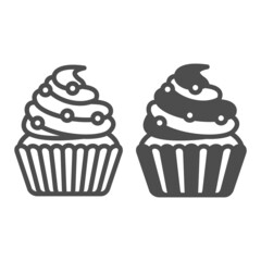 Cupcake with whipped cream and sugar beads line and solid icon, pastry concept, muffin frosting vector sign on white background, outline style icon for mobile concept and web design. Vector graphics.