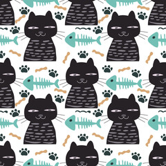Seamless pattern with cute funny cats different breed isolated on pink background sitting, laying, hiding in box. Flat cartoon style. Vector illustration. For packaging paper, banner, textile etc.