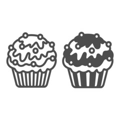 Cupcake with white and dark chocolate, sugar beads line and solid icon, pastry concept, muffin vector sign on white background, outline style icon for mobile concept and web design. Vector graphics.