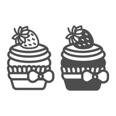 Strawberry cupcake with frosting and bow line and solid icon, pastry concept, fruit muffin vector sign on white background, outline style icon for mobile concept and web design. Vector graphics.