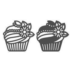 Cupcake with frosting, flower and sugar beads deco line and solid icon, pastry concept, muffin vector sign on white background, outline style icon for mobile concept and web design. Vector graphics.