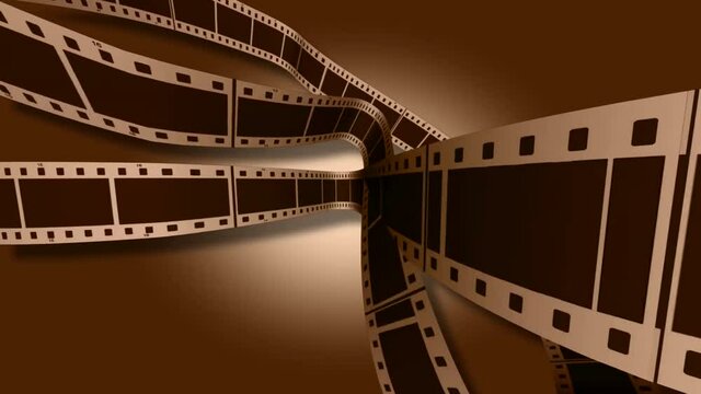 A retro 3d rendering of Movie making film tape of white and black colors. The film tape moves horizontally and slowly in the bright yellow background. It reminds Hollywood masterpieces.