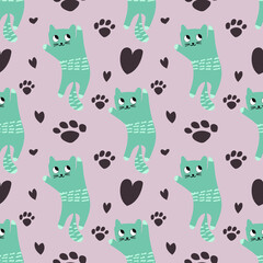 Seamless pattern with cute funny cats different breed isolated on pink background sitting, laying, hiding in box. Flat cartoon style. Vector illustration. For packaging paper, banner, textile etc.