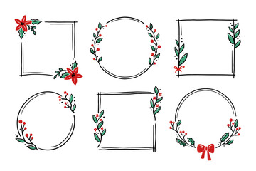 Chrirtmas floral frame with circle, round, rectangle shape. Doodle hand drawn style wreath frame. Vector illustration for christmas, wedding decoration.