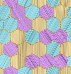 Hexagon seamless texture. Mosaic, inlay. Illustration in stained glass style. Art Deco style. Seamless chaotic hexagon pattern. For wallpaper, textile print, tile. Marble texture. Golden hexagons.
