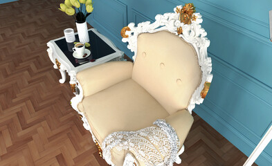 Baroque armchair with lace, room interior smooth wall, classical style yellow flowers baroque table and wooden floor