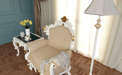 Baroque armchair with lace, room interior smooth wall, classical style yellow flowers baroque table and wooden floor