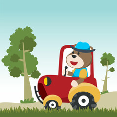 Obraz na płótnie Canvas Construction equipments cartoon vector with cute animal on tractor, Can be used for t-shirt print, kids wear fashion design, invitation card. fabric, textile, nursery wallpaper and poster.