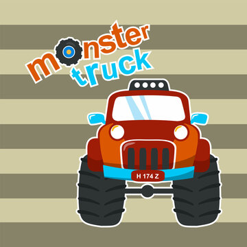 Vector illustration of monster truck with cartoon style. Can be used for t-shirt print, kids wear, invitation card. fabric, textile, nursery wallpaper, poster and other decoration.