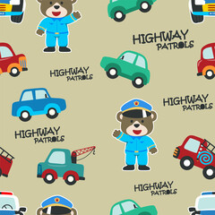 Seamless pattern of cute bear police patrol on highway. Can be used for t-shirt print, kids wear, Creative vector childish background for fabric, textile, nursery wallpaper, and other decoration.