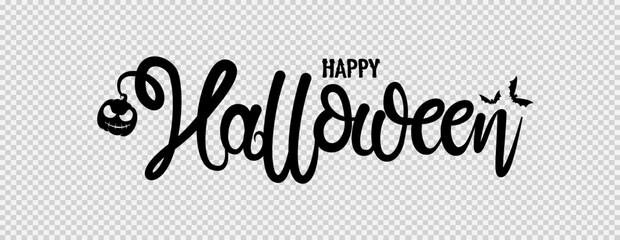 Happy halloween text banner with pumpkin,bats flying, spider, spider web,  isolated on png or transparent     background, font design , sale template ,website, poster,  vector  illustration