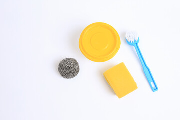 Cleaning utensils on white background.