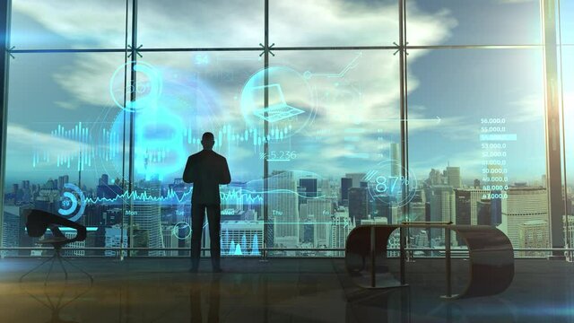 Trader in his office and infographics about bitcoin, 3D render.