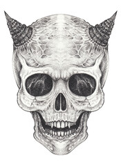 Surreal devil skull tattoo. Hand drawing on paper.
