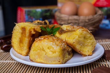 Pineapple bread, the typical food of the city of Tegal, Indonesia, decorated with egg