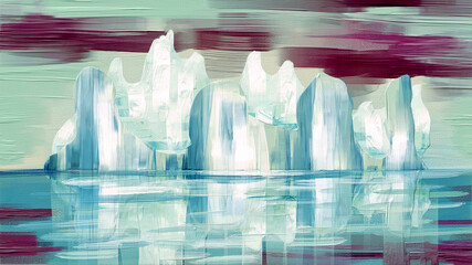 Surrealistic arctic seascape artwork, oil painting on canvas. Tranquil icebergs with water reflections © Boutique canvas