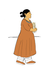 Navajo woman in dress holding books to chest