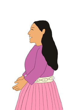 Side view of Indigenous woman with hands touching and smiling 