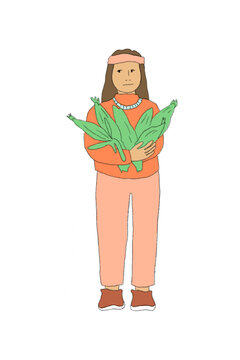 Indigenous girl holding armful of corn 